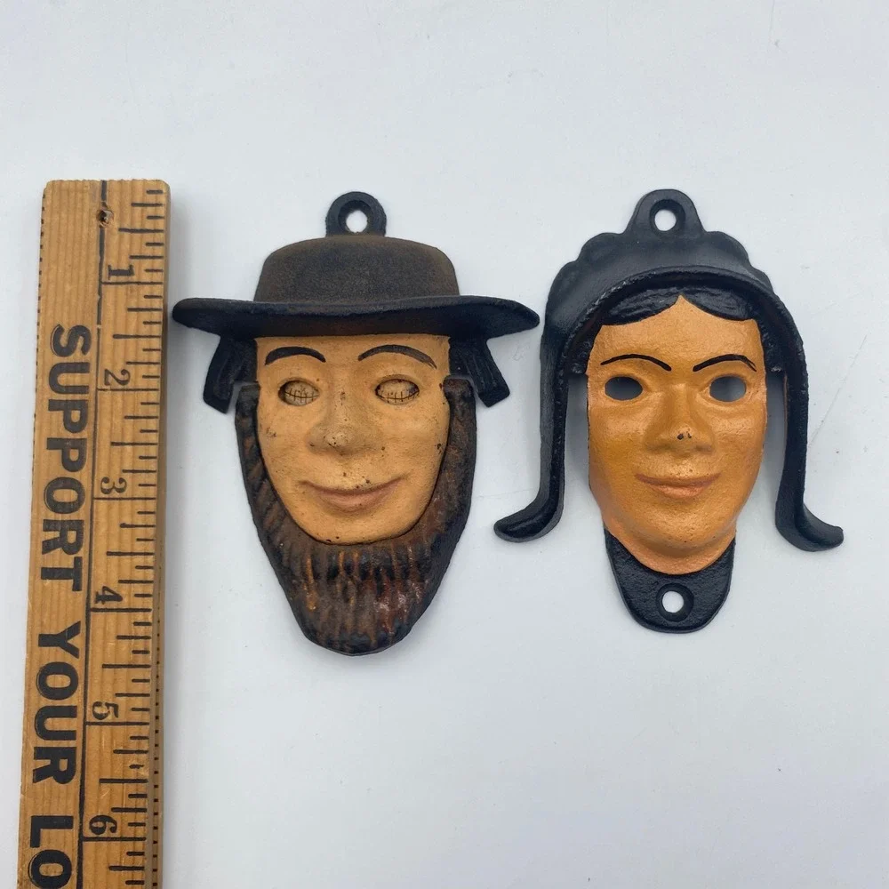 Vintage Amish Couple Cast Iron Wall Mount Bottle Opener Set Moving Eyes Painted